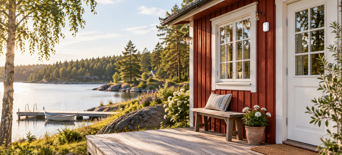 Traeklaedt sommerhus med alarmsensor ved vindue
