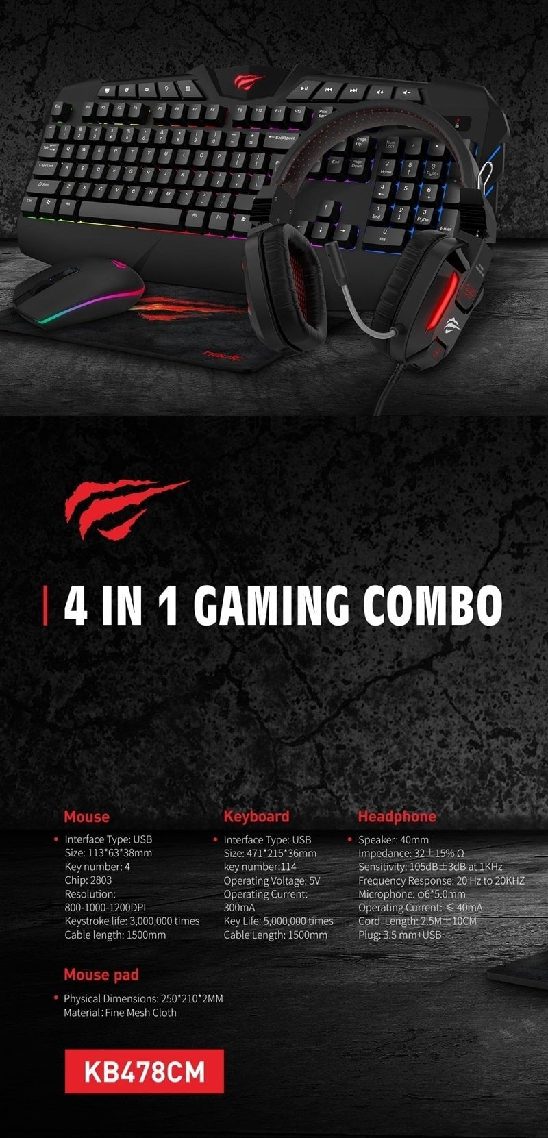 Havit Gaming Bundle - Mus, Tastatur, Headset, Måtte – billede 2