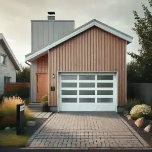 DALL·E 2024 08 08 13.33.18   A simple, classic garage door in a Scandinavian residential setting. The garage door is white with horizontal panels and no windows. It is part of a m