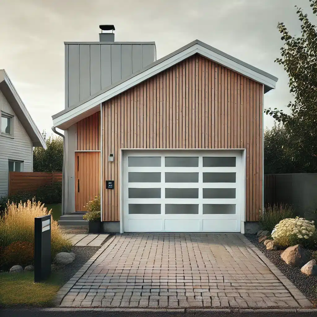 DALL·E 2024 08 08 13.33.18   A simple, classic garage door in a Scandinavian residential setting. The garage door is white with horizontal panels and no windows. It is part of a m