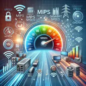 DALL·E 2024 09 06 11.43.25   An image representing the concept of internet speed and network quality. The image shows a comparison between Mbps and Gigabit speeds, visualized with